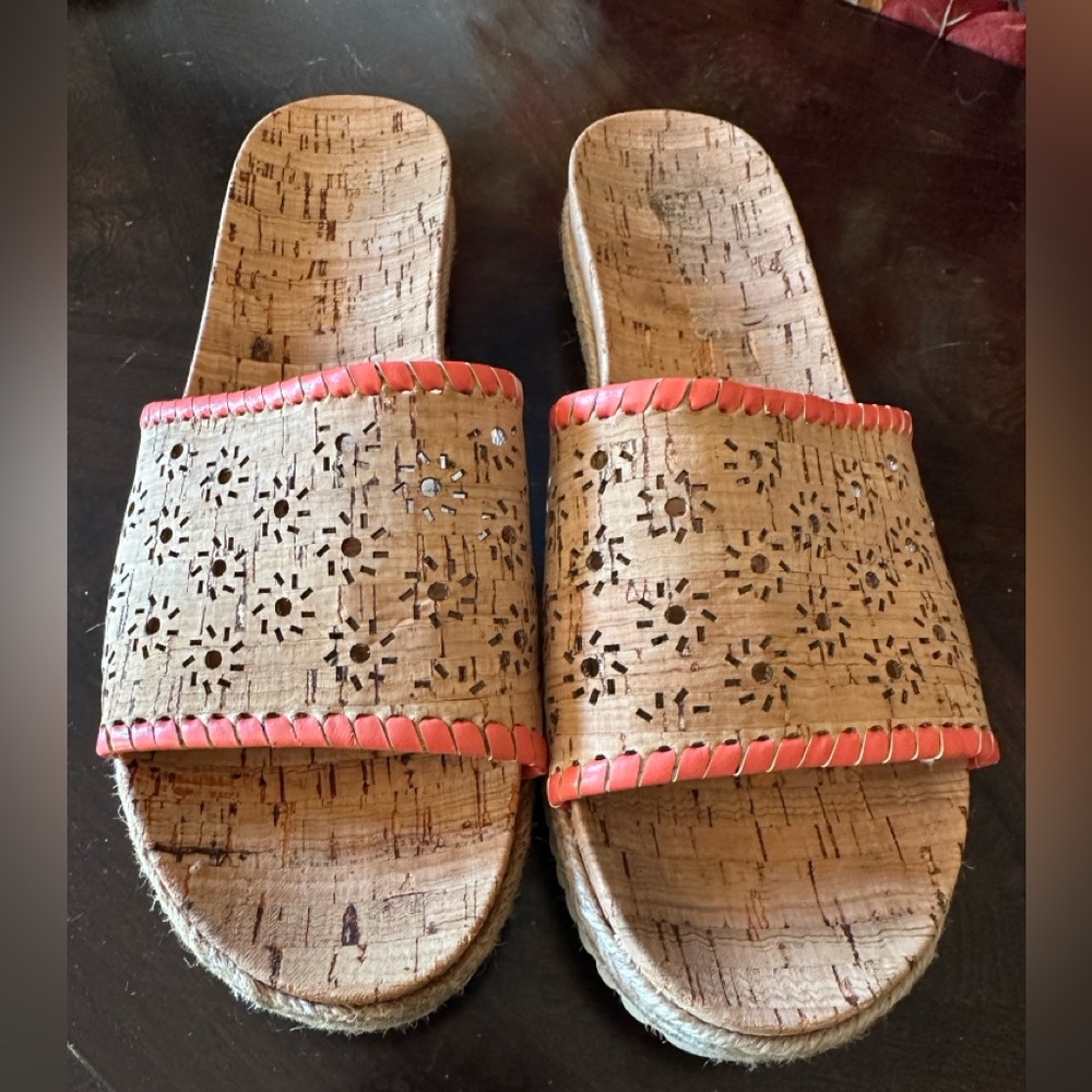Jack Rogers Floral Cork Slide Sandals with Coral Trim